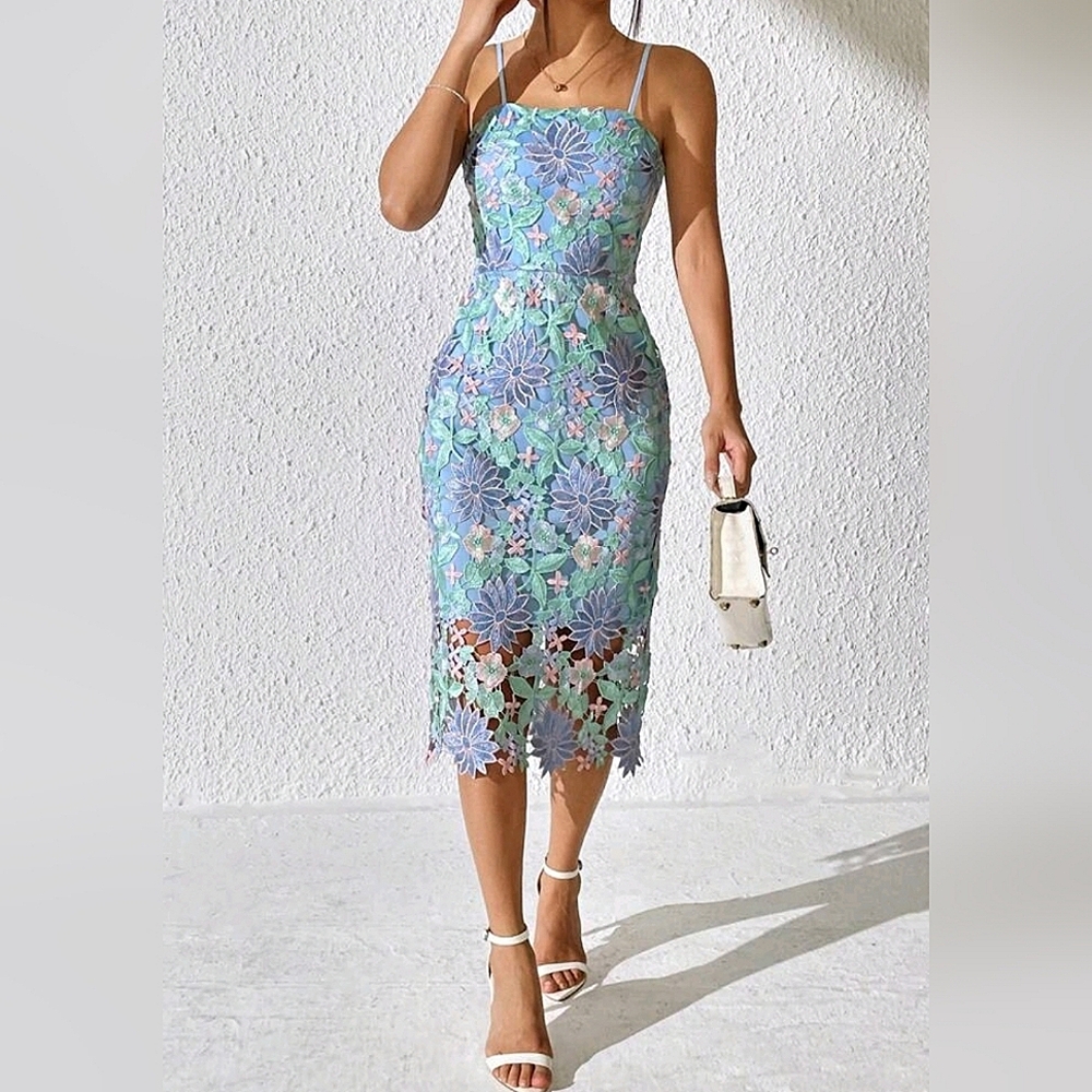 New Pastel Embroidered Floral Lace Short Knee Cami Dress Green Pink Blue